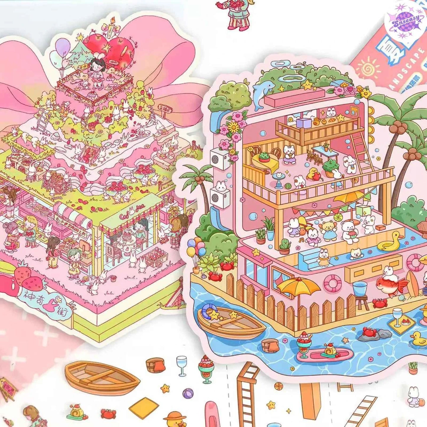 Plus Summer Edition – 3D Miniature Sticker Scenes - 2 Theme Sets: Mystery Cake Box | Summer Party