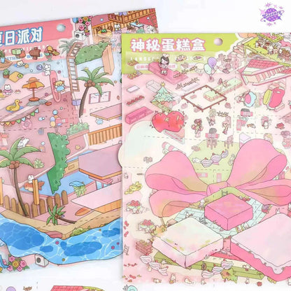 Plus Summer Edition – 3D Miniature Sticker Scenes - 2 Theme Sets: Mystery Cake Box | Summer Party