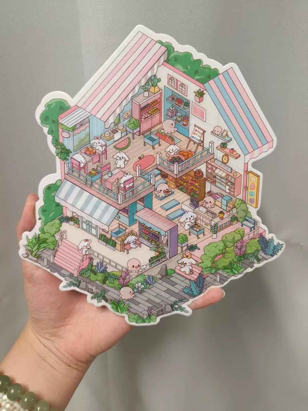 Plus Original Pink Octopus – 3D Miniature Sticker Scenes - 2 Theme Sets: Fruit Shop | Post Office
