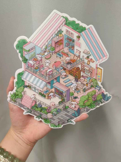 Plus Original Pink Octopus – 3D Miniature Sticker Scenes - 2 Theme Sets: Fruit Shop | Post Office