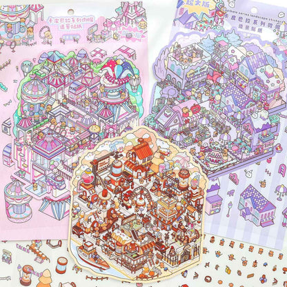 Plus Cute Capybara – 3D Miniature Sticker Scenes - 3 Theme Sets: Chocolate Factory | Circus | Magic Town