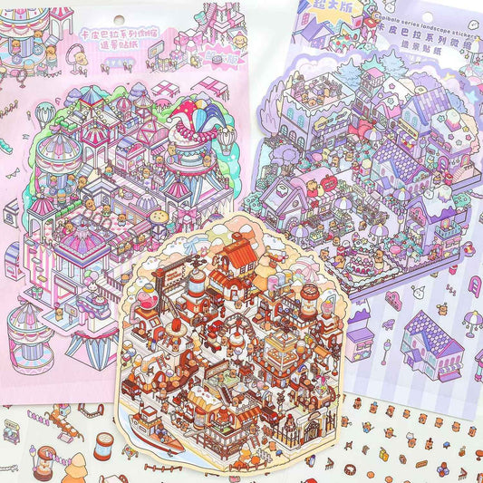 Plus Cute Capybara – 3D Miniature Sticker Scenes - 3 Theme Sets: Chocolate Factory | Circus | Magic Town