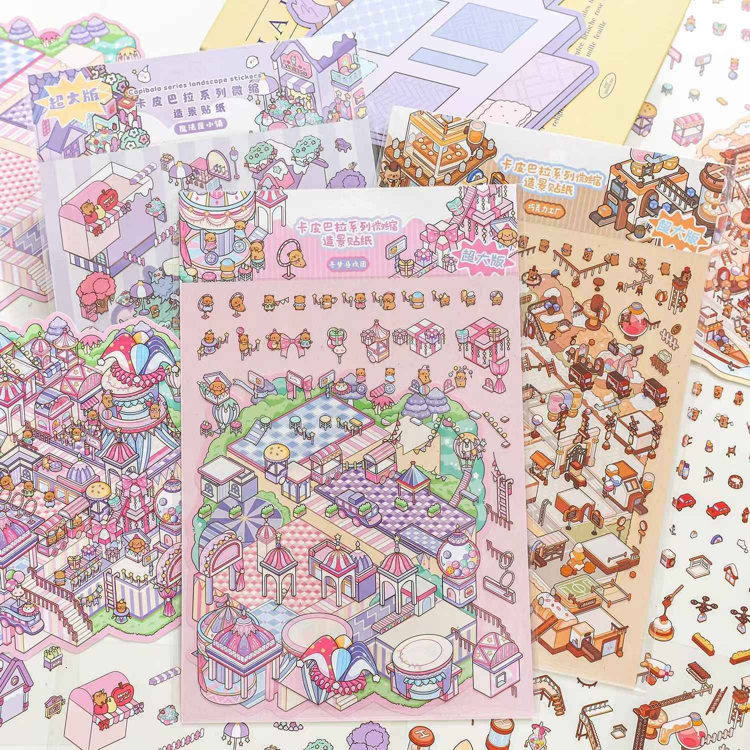 Plus Cute Capybara – 3D Miniature Sticker Scenes - 3 Theme Sets: Chocolate Factory | Circus | Magic Town