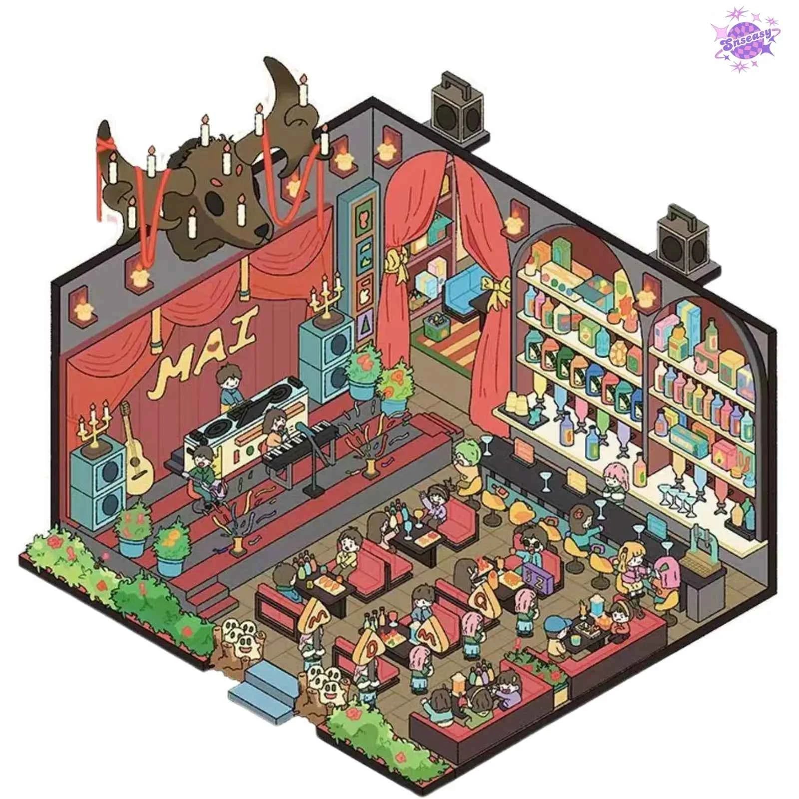 Bar and Art Museum – 3D Miniature Sticker Scenes - 6 Theme Sets: Bar | Art Museum | Courtyard | Boxing Gym | Sushi Restaurant | Abandoned School