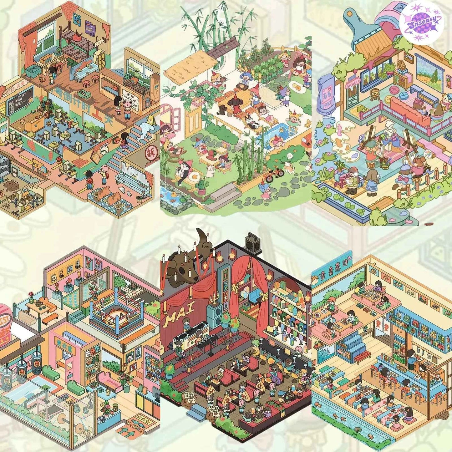 Bar and Art Museum – 3D Miniature Sticker Scenes - 6 Theme Sets: Bar | Art Museum | Courtyard | Boxing Gym | Sushi Restaurant | Abandoned School