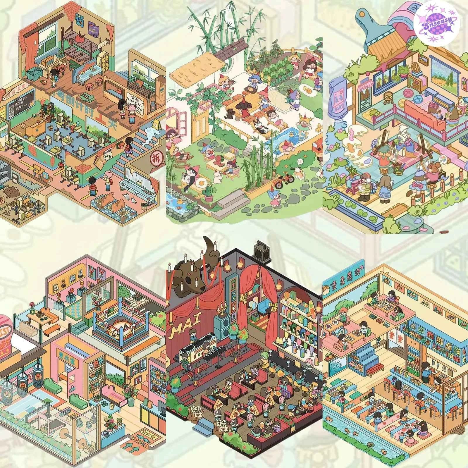 Bar and Art Museum – 3D Miniature Sticker Scenes - 6 Theme Sets: Bar | Art Museum | Courtyard | Boxing Gym | Sushi Restaurant | Abandoned School