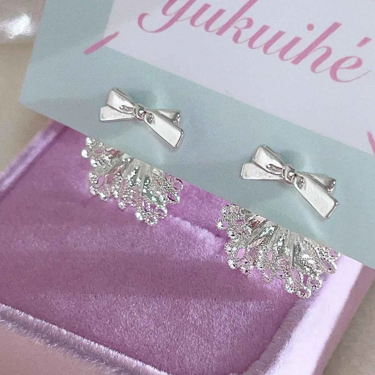 "Lace Dress Bow" 925 Sterling Silver Earrings - Sweet, Delicate, and Full of Romance
