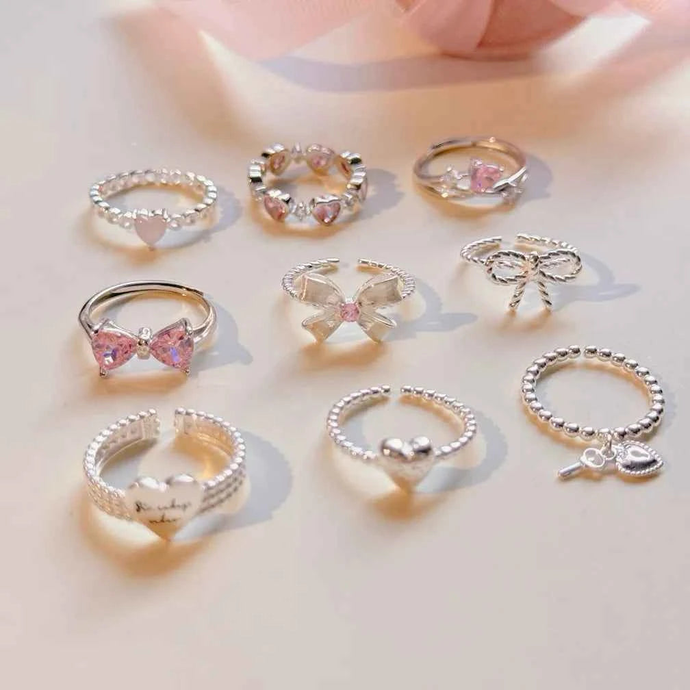 "Princess Bow Collection" 925 Sterling Silver Pink Zircon Ring Set - Sweet, Elegant, and Royal
