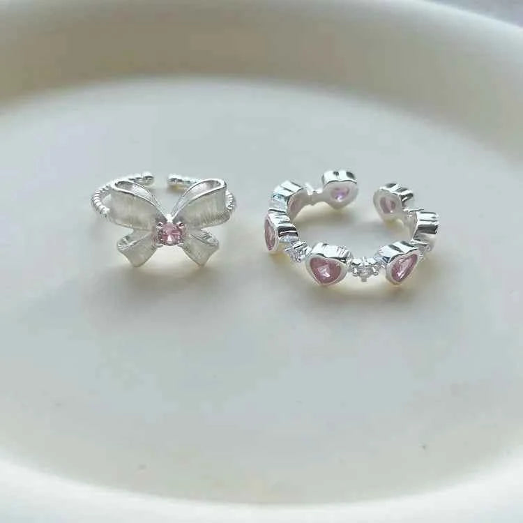 "Princess Bow Collection" 925 Sterling Silver Pink Zircon Ring Set - Sweet, Elegant, and Royal