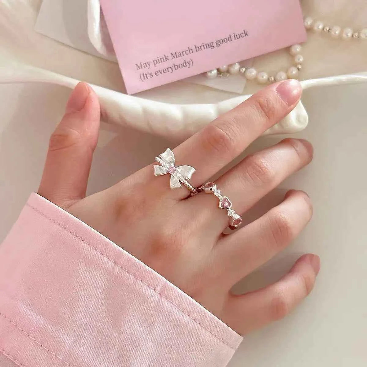 "Princess Bow Collection" 925 Sterling Silver Pink Zircon Ring Set - Sweet, Elegant, and Royal