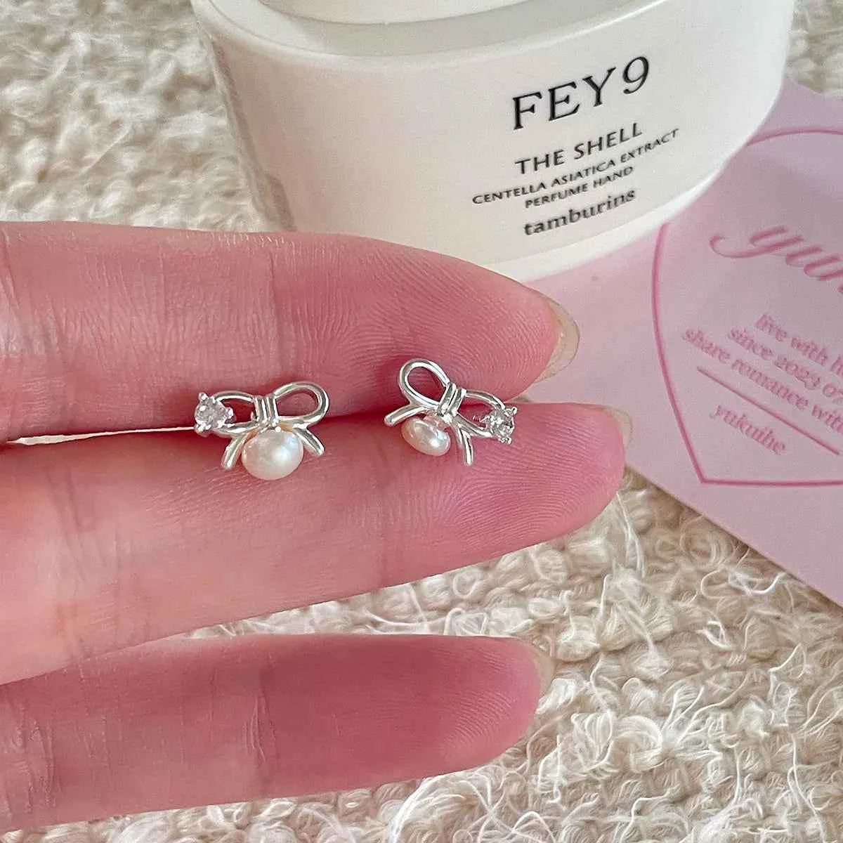 "Mini Bow Pearl" 925 Sterling Silver Stud Earrings - Sweet, Elegant, and Delicate