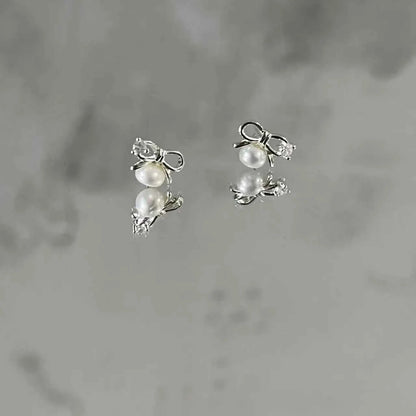 "Mini Bow Pearl" 925 Sterling Silver Stud Earrings - Sweet, Elegant, and Delicate