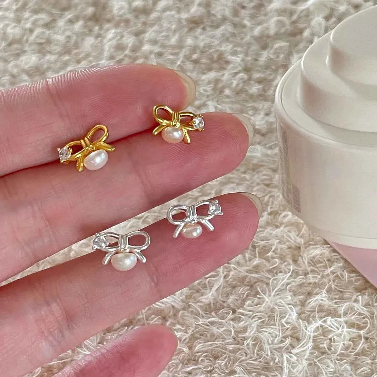 "Mini Bow Pearl" 925 Sterling Silver Stud Earrings - Sweet, Elegant, and Delicate