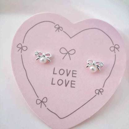 "Mini Bow Pearl" 925 Sterling Silver Stud Earrings - Sweet, Elegant, and Delicate