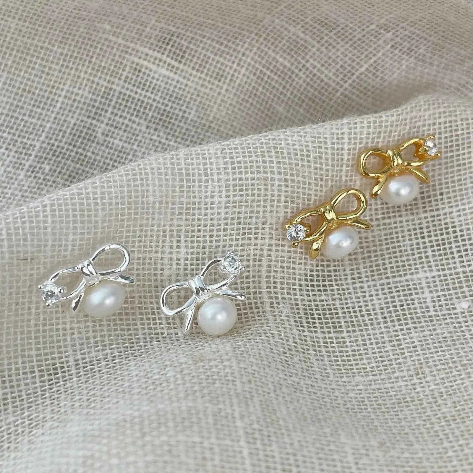 "Mini Bow Pearl" 925 Sterling Silver Stud Earrings - Sweet, Elegant, and Delicate