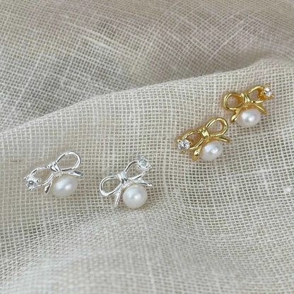 "Mini Bow Pearl" 925 Sterling Silver Stud Earrings - Sweet, Elegant, and Delicate