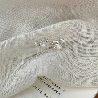 "Mini Bow Pearl" 925 Sterling Silver Stud Earrings - Sweet, Elegant, and Delicate