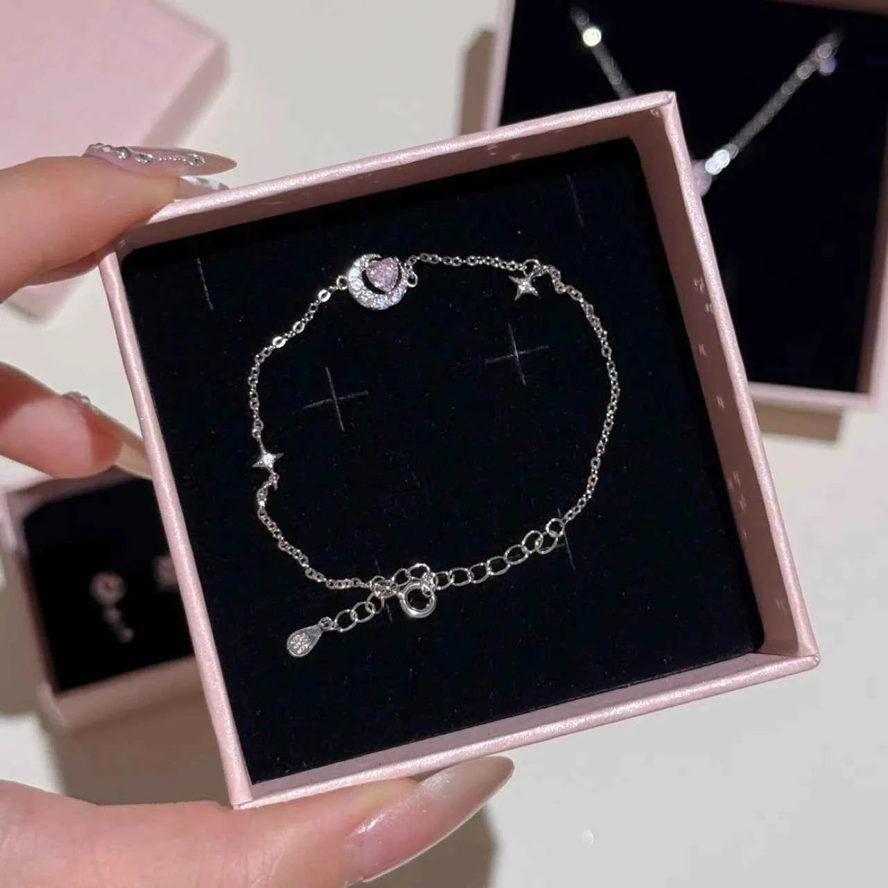"Romantic Star River" 925 Sterling Silver Heart, Moon, and Star Necklace - Dreamy and Elegant
