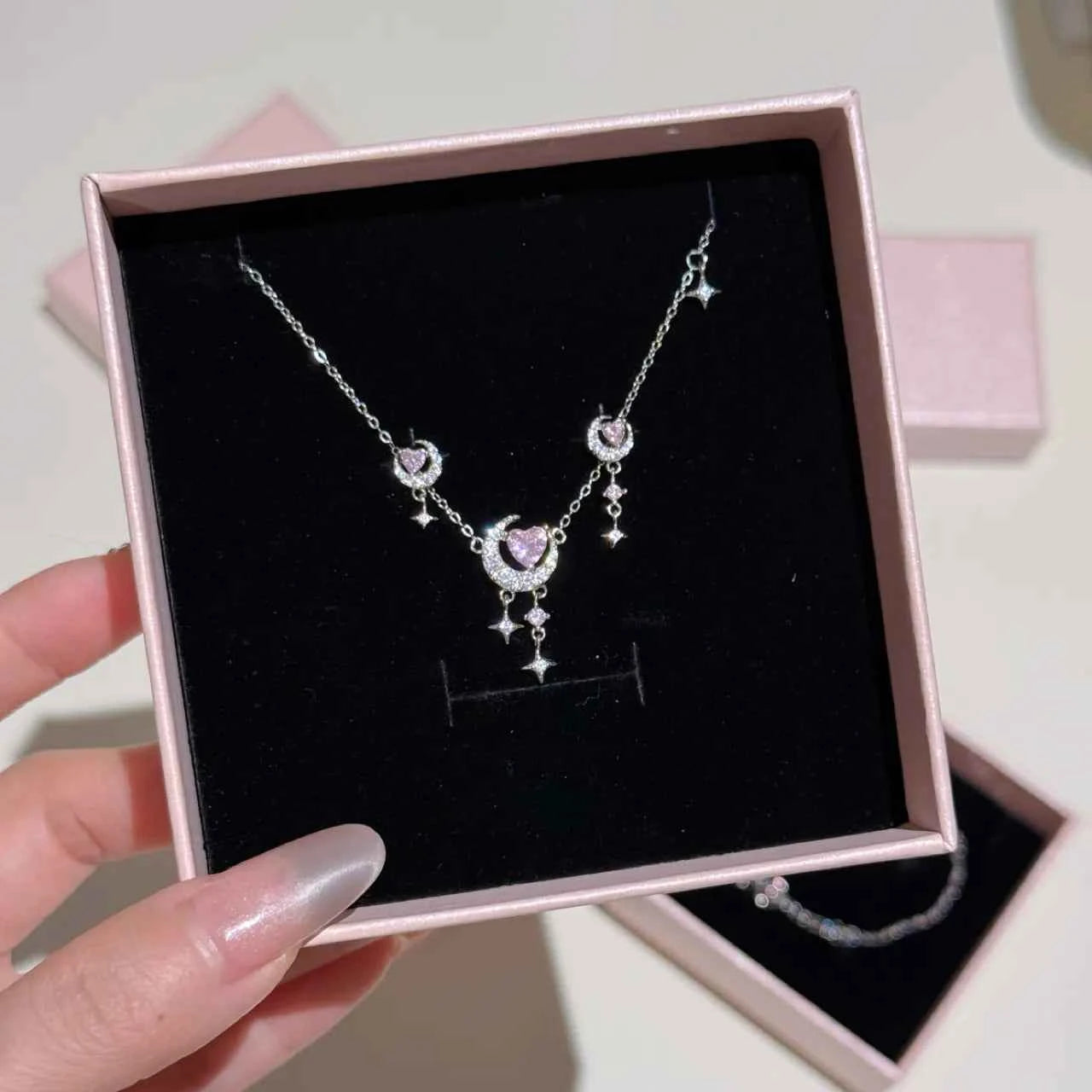 "Romantic Star River" 925 Sterling Silver Heart, Moon, and Star Necklace - Dreamy and Elegant