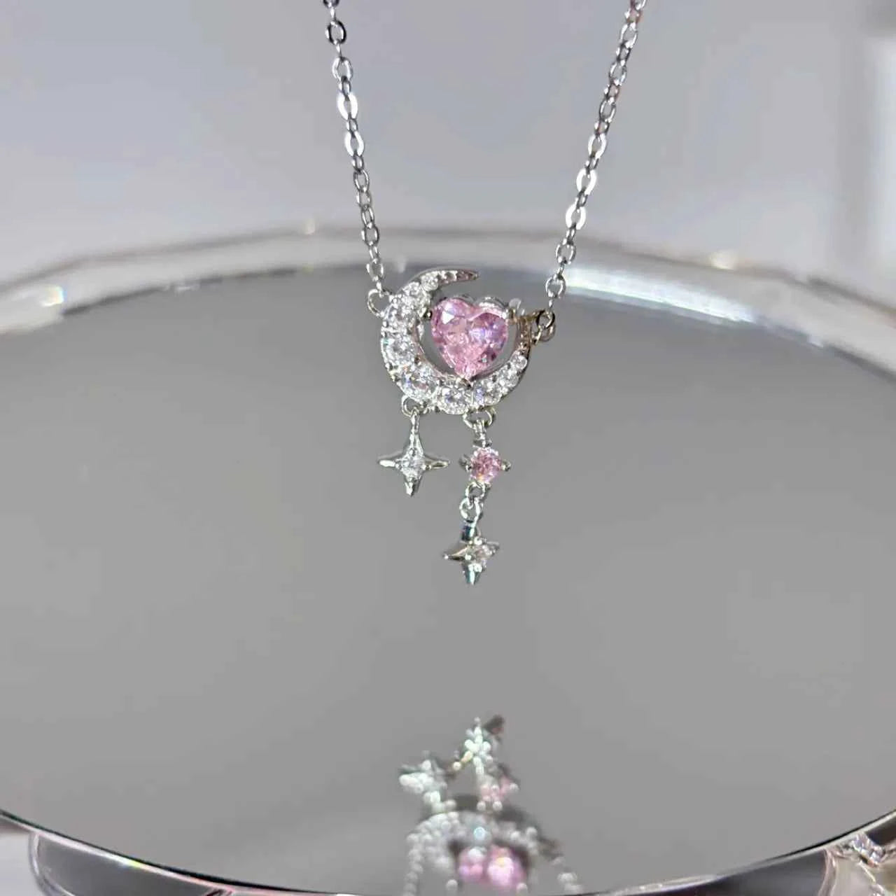 "Romantic Star River" 925 Sterling Silver Heart, Moon, and Star Necklace - Dreamy and Elegant