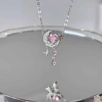"Romantic Star River" 925 Sterling Silver Heart, Moon, and Star Necklace - Dreamy and Elegant