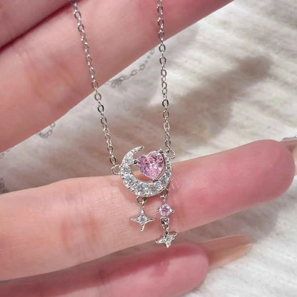 "Romantic Star River" 925 Sterling Silver Heart, Moon, and Star Necklace - Dreamy and Elegant