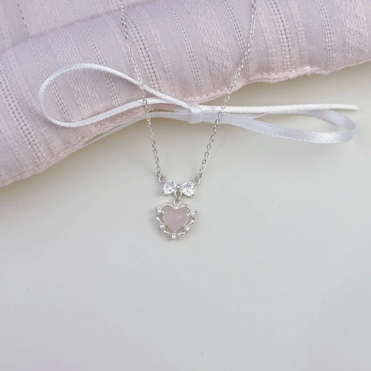Heart Bow 925 Sterling Silver Necklace with Pink Natural Crystal and 5A Zircon &#8211; Delicate and Unique 1