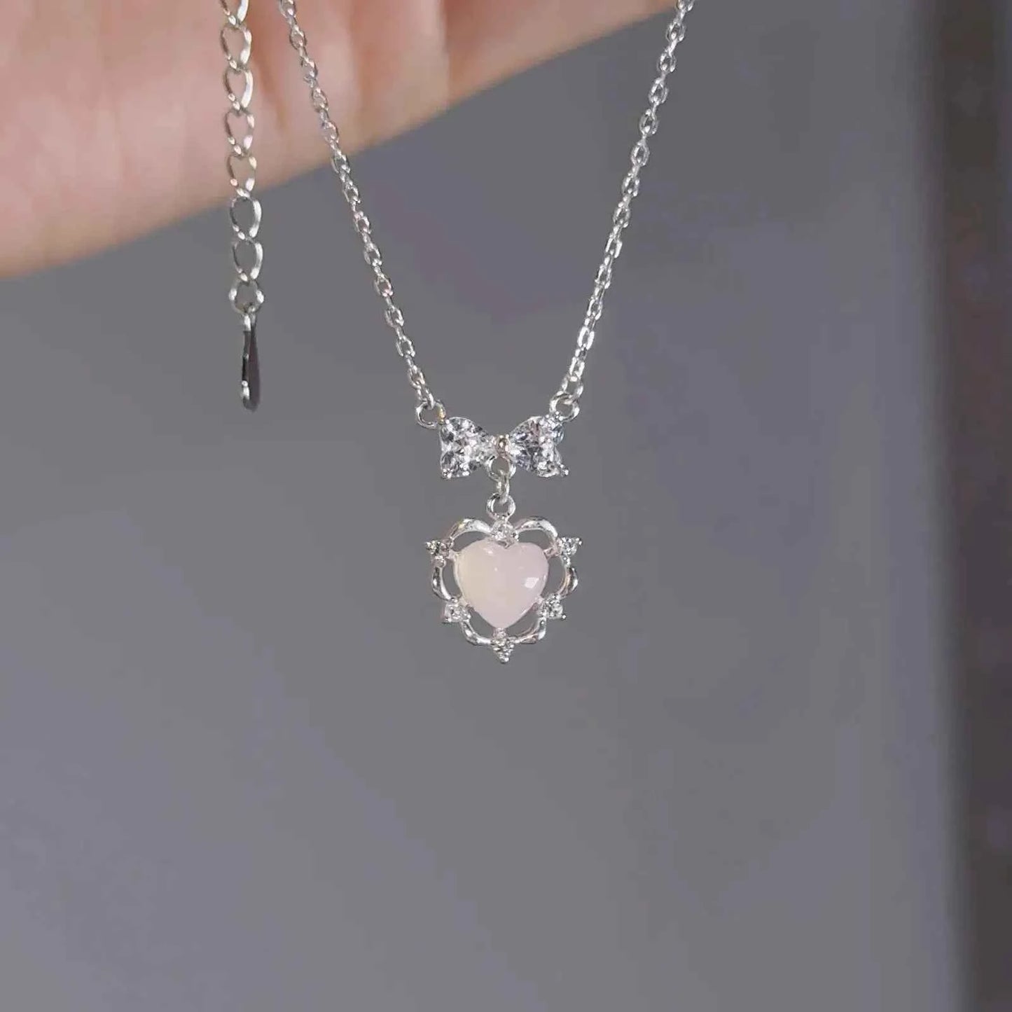"Heart Bow" 925 Sterling Silver Necklace with Pink Natural Crystal and 5A Zircon - Delicate and Unique