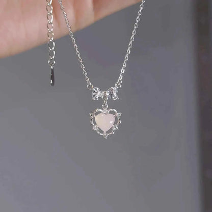 "Heart Bow" 925 Sterling Silver Necklace with Pink Natural Crystal and 5A Zircon - Delicate and Unique