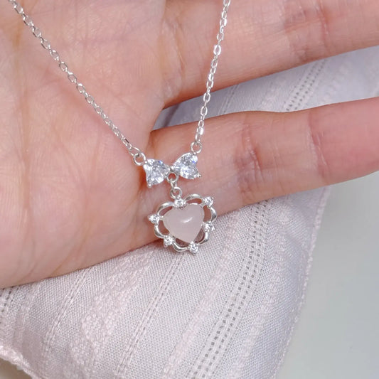 Heart Bow 925 Sterling Silver Necklace with Pink Natural Crystal and 5A Zircon &#8211; Delicate and Unique 3