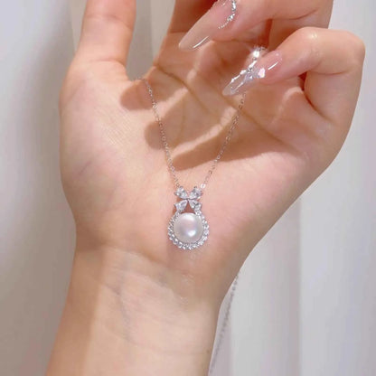 "Little Happiness" 925 Sterling Silver Bow Pearl Necklace - Perfect Gift for Mom