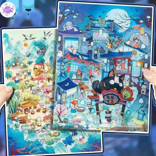 Plus Fun World – 3D Miniature Sticker Scenes - 2 Theme Sets: Peach Blossom Spring | Ghost Market
