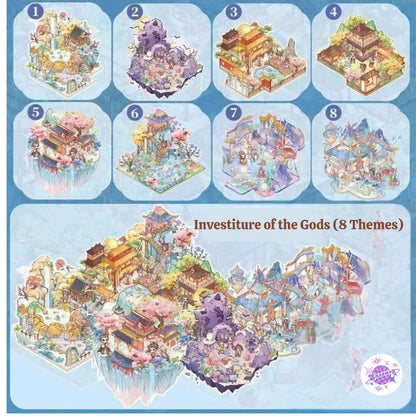 Mini Chinese Mythology Sticker Book – 3D Miniature Sticker Scenes - 2 Theme Sets: Journey to the West (8 Themes) | Investiture of the Gods (8 Themes)