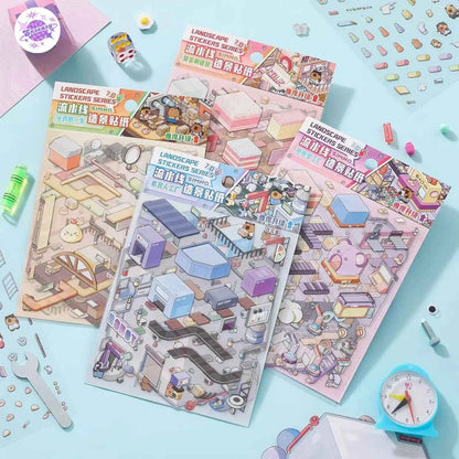 Capybara Factory Series – 3D Miniature Sticker Scenes - 4 Theme Sets: Doll Factory | Dessert Factory | Robot Factory | Egg Factory