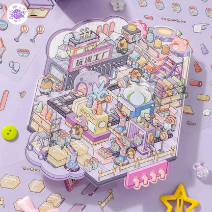 Capybara Factory Series – 3D Miniature Sticker Scenes - 4 Theme Sets: Doll Factory | Dessert Factory | Robot Factory | Egg Factory