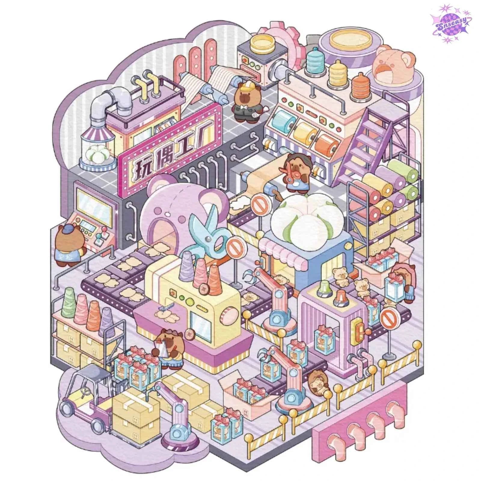 Capybara Factory Series – 3D Miniature Sticker Scenes - 4 Theme Sets: Doll Factory | Dessert Factory | Robot Factory | Egg Factory