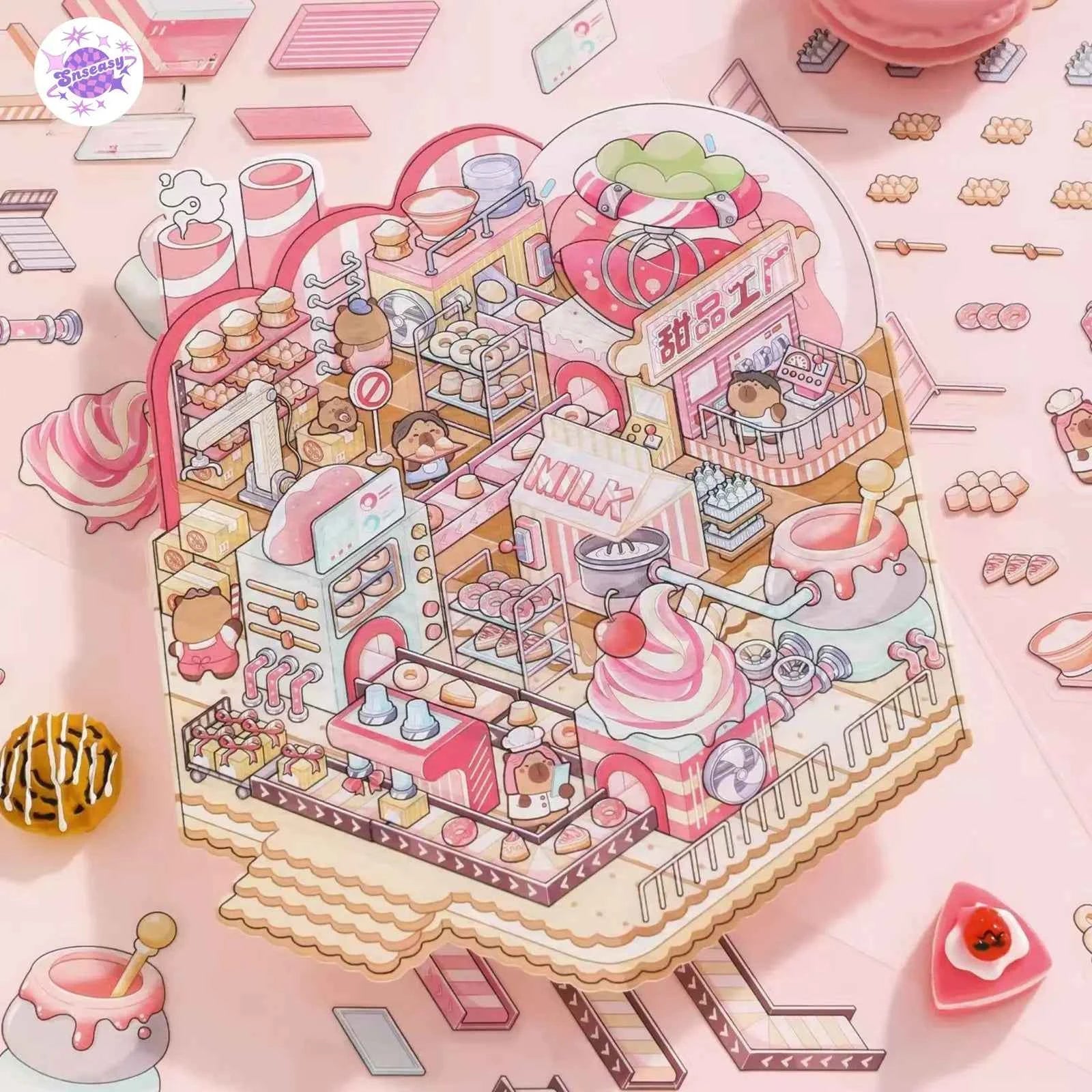 Capybara Factory Series – 3D Miniature Sticker Scenes - 4 Theme Sets: Doll Factory | Dessert Factory | Robot Factory | Egg Factory