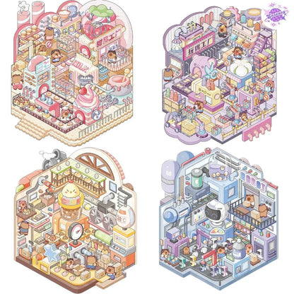 Capybara Factory Series – 3D Miniature Sticker Scenes - 4 Theme Sets: Doll Factory | Dessert Factory | Robot Factory | Egg Factory