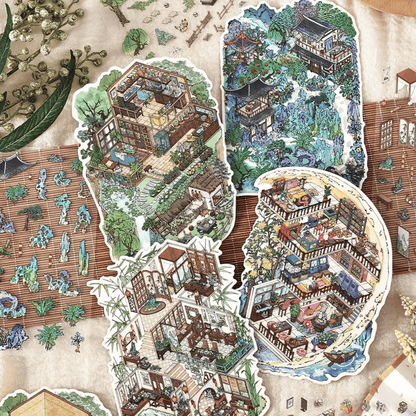 Traditional Chinese Vintage Houses – 3D Sticker Scenes - 4 Theme Sets: Stone House in the Mountains | Thatched Cottage | Bamboo Forest Retreat | Moon Island Villa