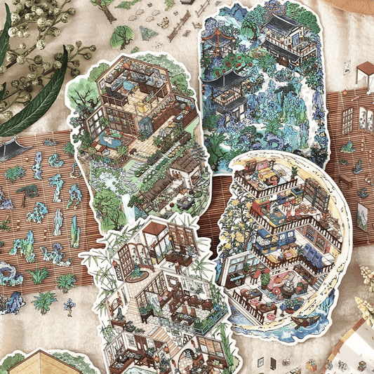 Traditional Chinese Vintage Houses – 3D Sticker Scenes - 4 Theme Sets: Stone House in the Mountains | Thatched Cottage | Bamboo Forest Retreat | Moon Island Villa