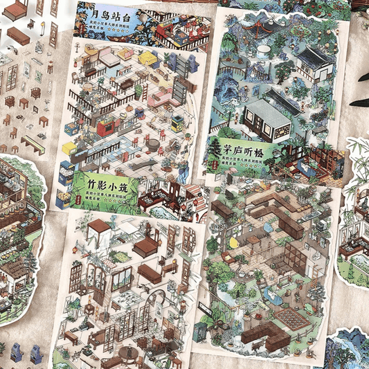 Traditional Chinese Vintage Houses – 3D Sticker Scenes - 4 Theme Sets: Stone House in the Mountains | Thatched Cottage | Bamboo Forest Retreat | Moon Island Villa