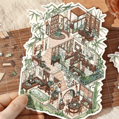 Traditional Chinese Vintage Houses – 3D Sticker Scenes - 4 Theme Sets: Stone House in the Mountains | Thatched Cottage | Bamboo Forest Retreat | Moon Island Villa
