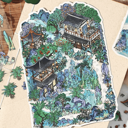 Traditional Chinese Vintage Houses – 3D Sticker Scenes - 4 Theme Sets: Stone House in the Mountains | Thatched Cottage | Bamboo Forest Retreat | Moon Island Villa