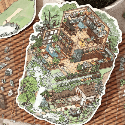 Traditional Chinese Vintage Houses – 3D Sticker Scenes - 4 Theme Sets: Stone House in the Mountains | Thatched Cottage | Bamboo Forest Retreat | Moon Island Villa