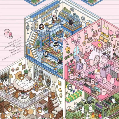 Forest Animal 3D Stickers - 4 Theme Sets: Coffee Cat Loft | Pink Hut | Penguin Ice Cream Hut | Bunny Store - SNSEASY