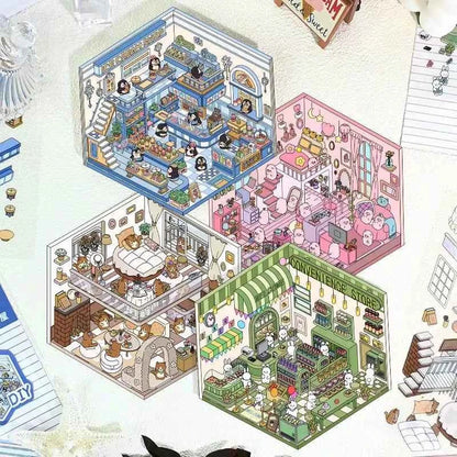 Forest Animal 3D Stickers - 4 Theme Sets: Coffee Cat Loft | Pink Hut | Penguin Ice Cream Hut | Bunny Store - SNSEASY