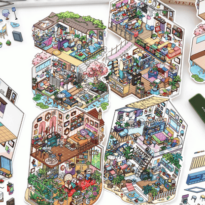 My Leisure Two-Story House – 3D Sticker Scenes - 4 Theme Sets: Sunshine Greenhouse | Japanese Cottage | Summer House | Sunny Coast