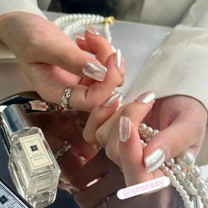 Handmade Wearable Aurora Pearl Glossy Luxury Nails in Short Square & Almond Styles - SNSEASY