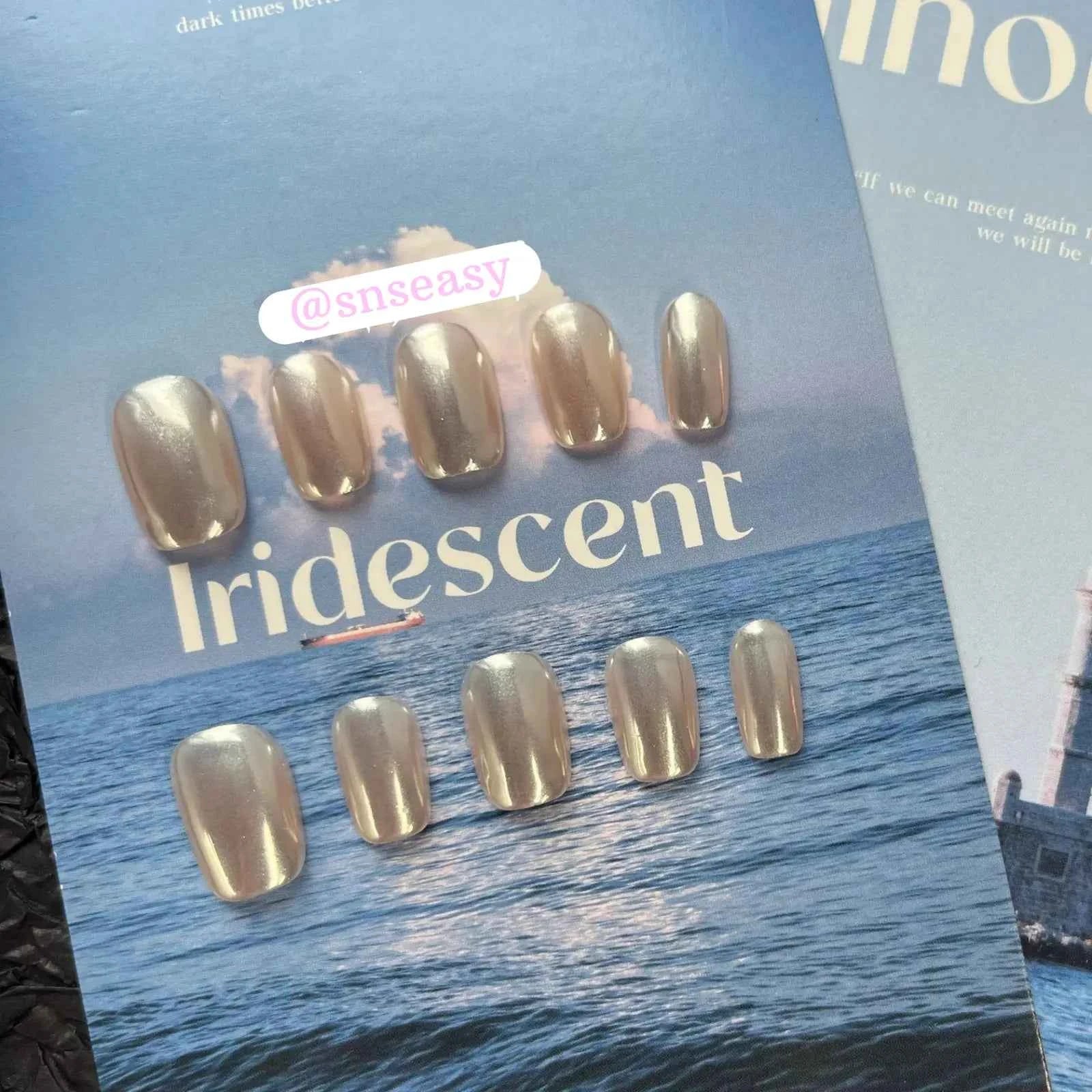 Handmade Wearable Aurora Pearl Glossy Luxury Nails in Short Square & Almond Styles - SNSEASY