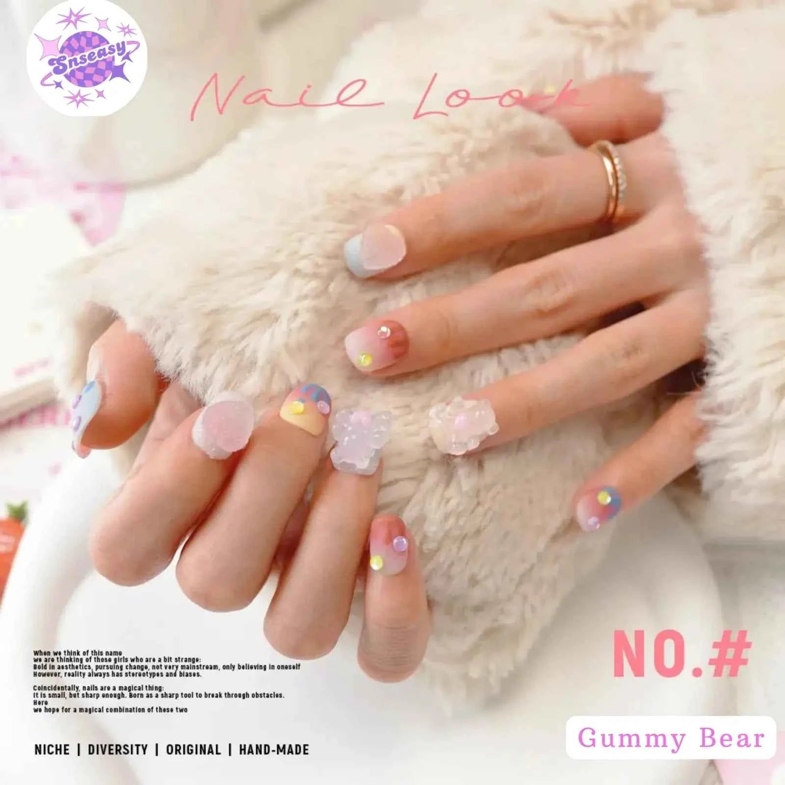 Handmade Wearable Cute Gummy Bear Spring/Summer Dopamine Nails in Long Stiletto & Short Round Styles - SNSEASY
